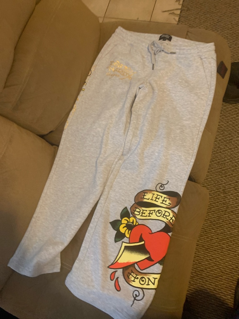 Ed Hardy Gray Straight Leg Sweatpants with Red Heart Graphic
